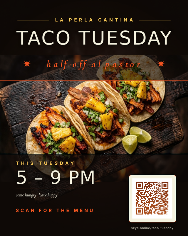 AI-generated Taco Tuesday flier for La Perla Cantina, with al pastor tacos on a charred board and a QR code for the menu