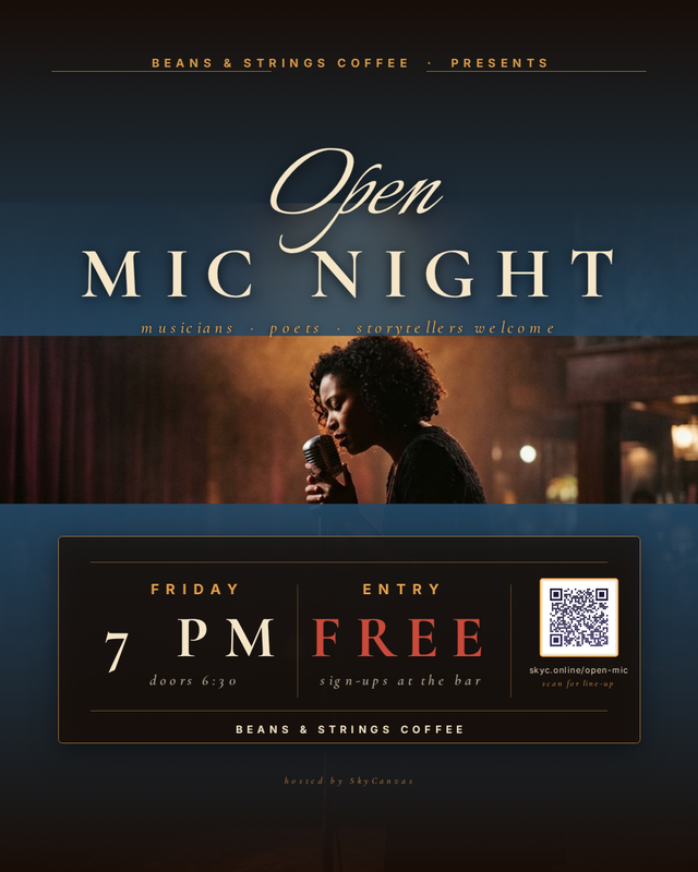 AI-generated open mic night flier for Beans and Strings Coffee, with a singer at a vintage microphone under a warm spotlight
