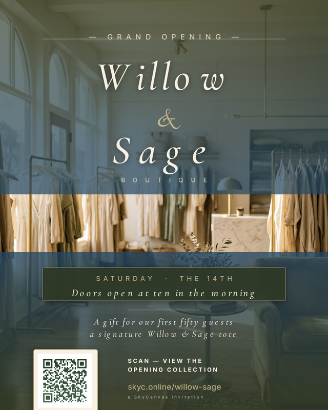 AI-generated grand opening flier for Willow and Sage boutique over a sunlit photo of the shop interior