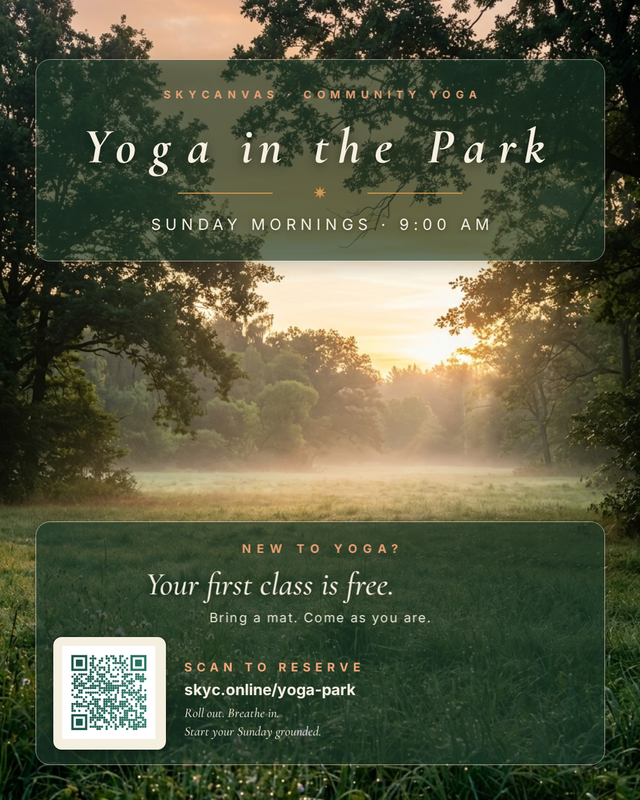 AI-generated yoga in the park flier over a misty sunrise photo of a park meadow