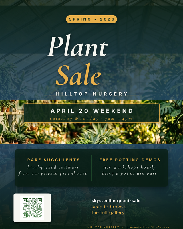 AI-generated spring plant sale flier for Hilltop Nursery over a lush greenhouse photo