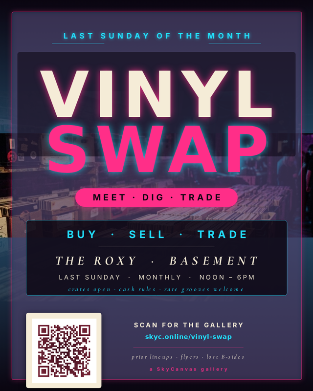 AI-generated vinyl swap meet flier with neon type over a photo of record crates