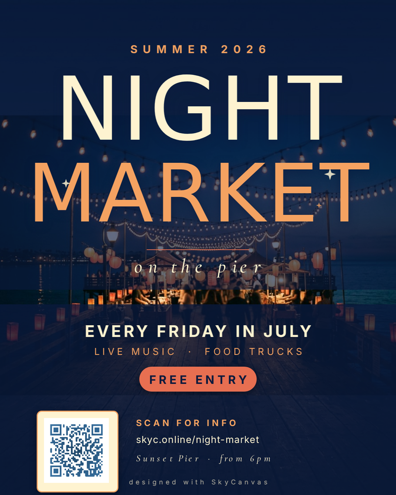 A finished AI-designed flier for a summer night market on a pier: layered headline, night photo background and a styled QR code